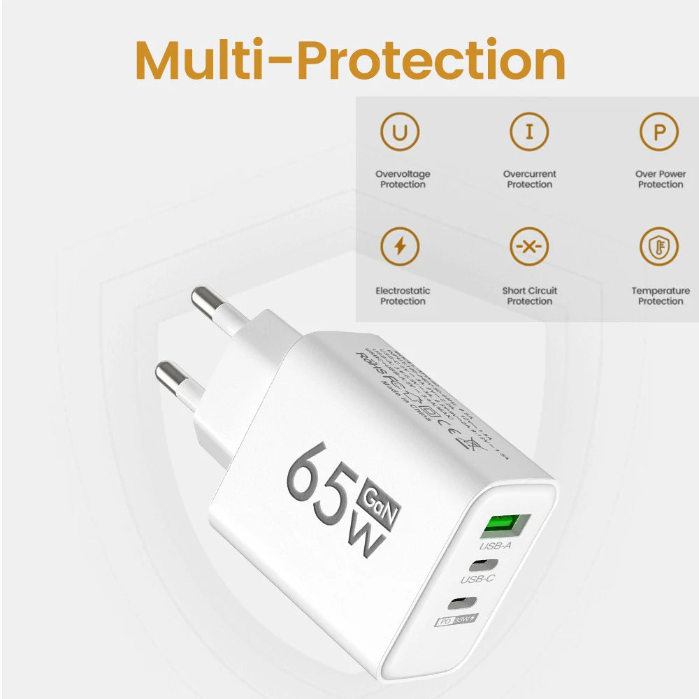 Total 65W GaN Fast Charging USB C Charger Type C Mobile Phone Adapter For iPhone Huawei Quick Charge 3.0 EU/US Plug Wall Charger
