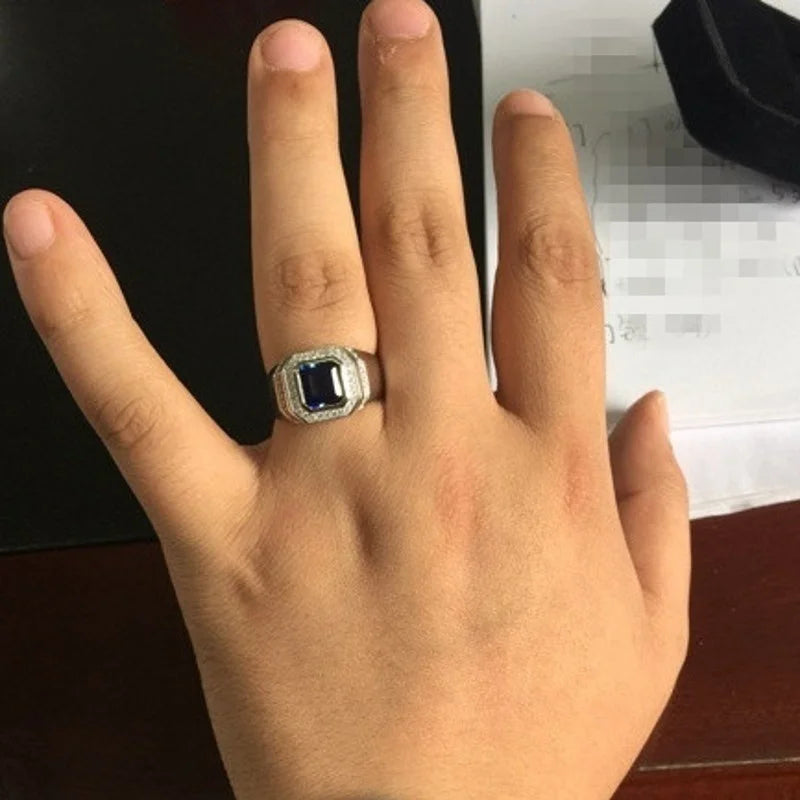 Fashion Men's Blue Crystal CZ Stone Ring Luxury Silver Color Engagement Ring Classic Wedding Party Jewelry Valentine's Day Gift
