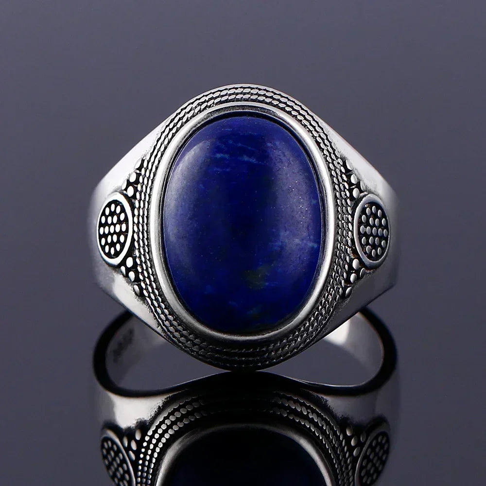 925 Sterling Silver Ring Oval Natural Lapis Vintage Rings for Men Women Anniversary Jewelry Gift