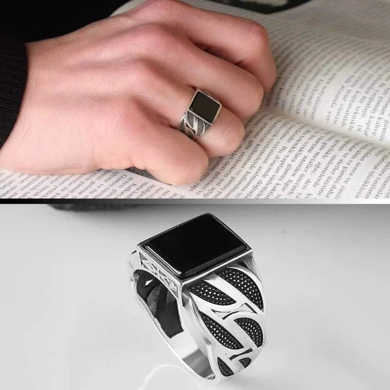 Fashion Silver Color Men Rings Square SImple Black Stone Rings Jewelry Party Gift