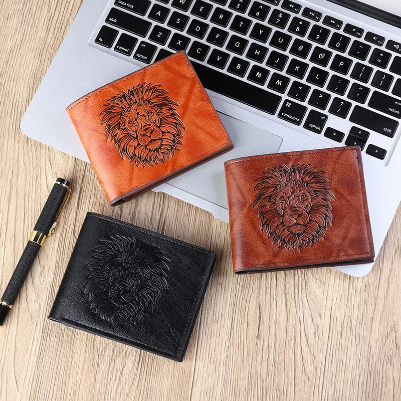 ISKYBOB Men's 3D Lion Embossed Wallet Fashion Business Three-Fold Multi-Card Credit Card Holder Short Coin Purses Xmas Gift