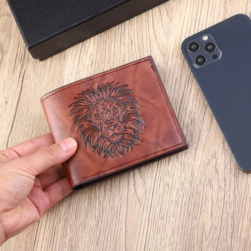ISKYBOB Men's 3D Lion Embossed Wallet Fashion Business Three-Fold Multi-Card Credit Card Holder Short Coin Purses Xmas Gift
