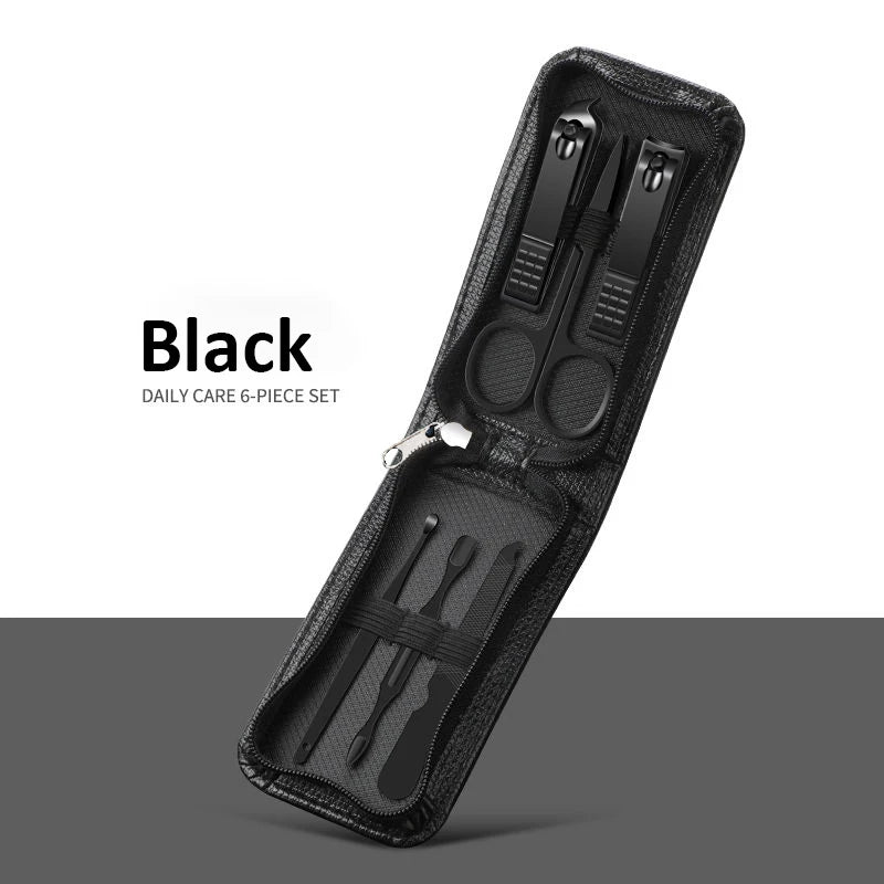 Green 6 Pcs Portable Luxury Manicure Sets Pedicure Kits Bright Black Nail Clipper Set Personal Care Tools Eyebrow Scissors