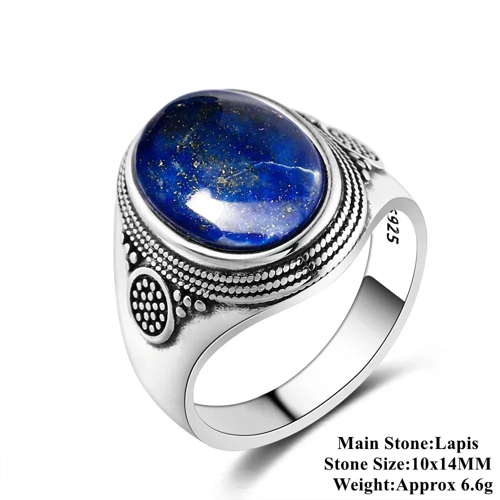 925 Sterling Silver Ring Oval Natural Lapis Vintage Rings for Men Women Anniversary Jewelry Gift