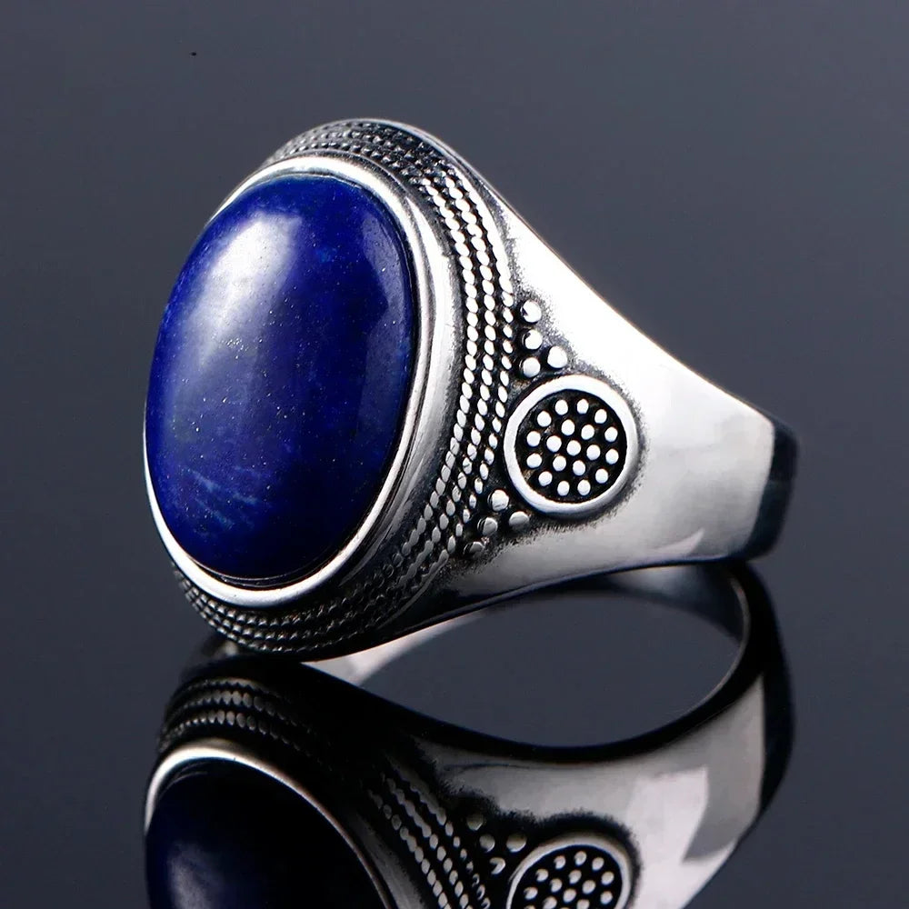 925 Sterling Silver Ring Oval Natural Lapis Vintage Rings for Men Women Anniversary Jewelry Gift