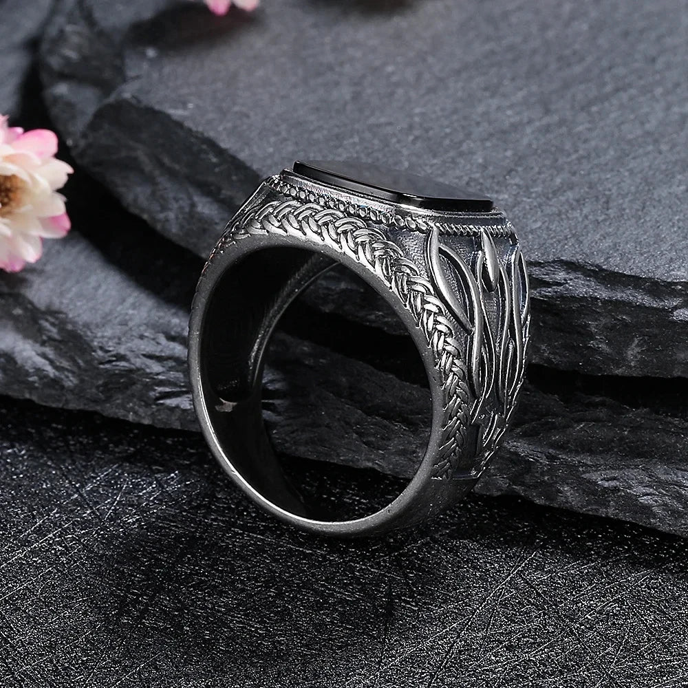 925 Sterling Silver Jewelry Ring Natural 11*13mm Black Agate Vintage Ring For Man Women Party Gifts