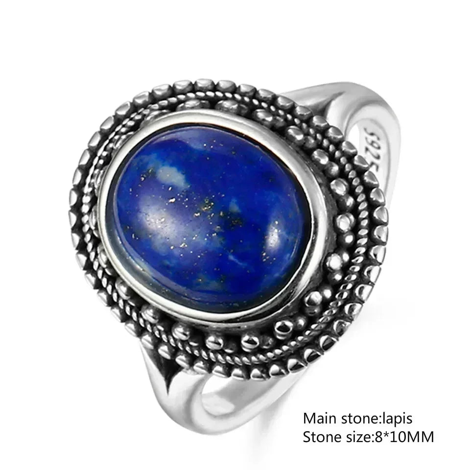 925 Sterling Silver Ring Oval Natural Lapis Vintage Rings for Men Women Anniversary Jewelry Gift