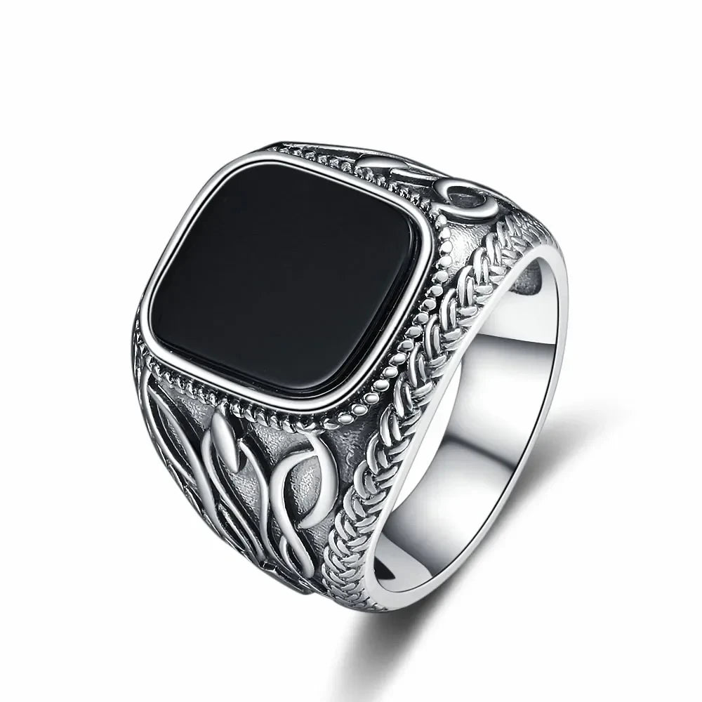 925 Sterling Silver Jewelry Ring Natural 11*13mm Black Agate Vintage Ring For Man Women Party Gifts