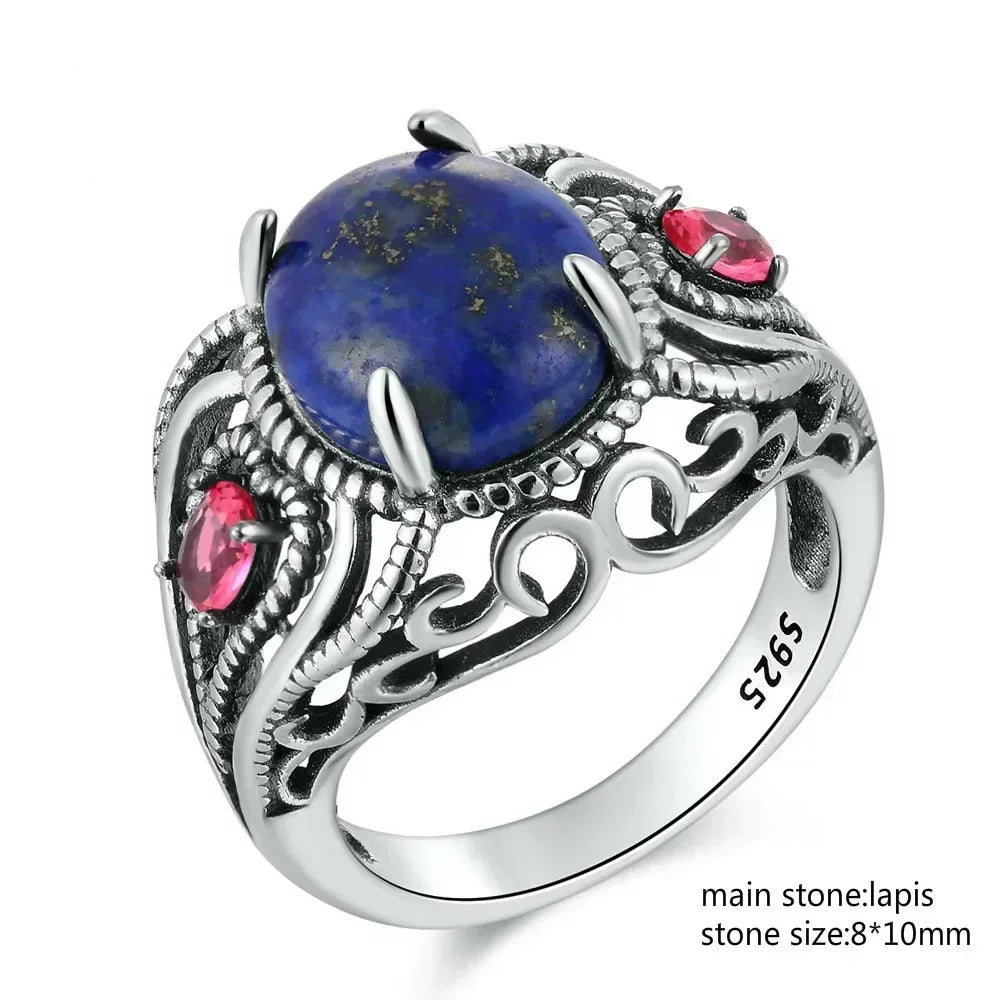 925 Sterling Silver Ring Oval Natural Lapis Vintage Rings for Men Women Anniversary Jewelry Gift