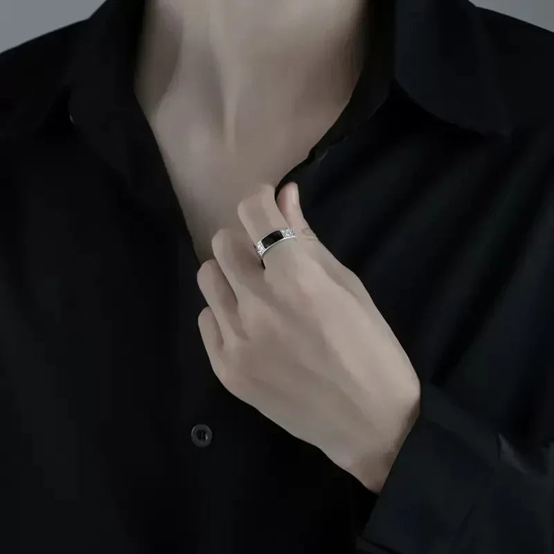 خاتم رجالي عصري من الفضة عيار 925 بتصميم عتيق على شكل تنين مستطيل أسود اللون، خواتم رجالية قابلة للتعديل