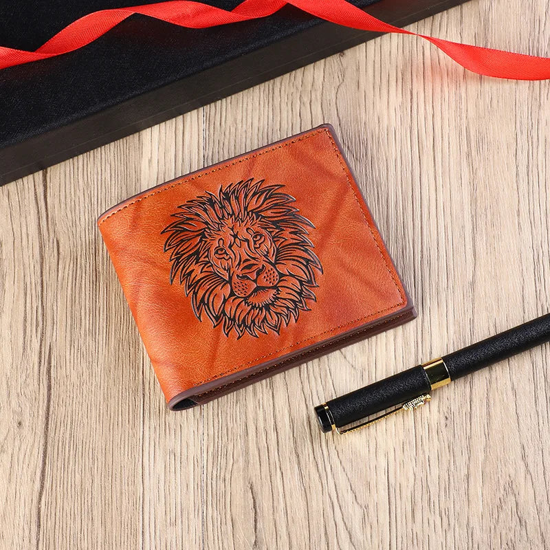ISKYBOB Men's 3D Lion Embossed Wallet Fashion Business Three-Fold Multi-Card Credit Card Holder Short Coin Purses Xmas Gift