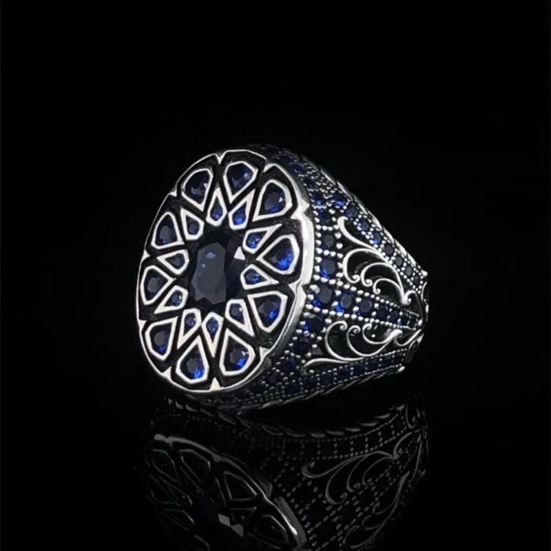 Delicate Inlaid with Blue Stone Silver Color Round Ring Fashion Party Men Rings Jewelry