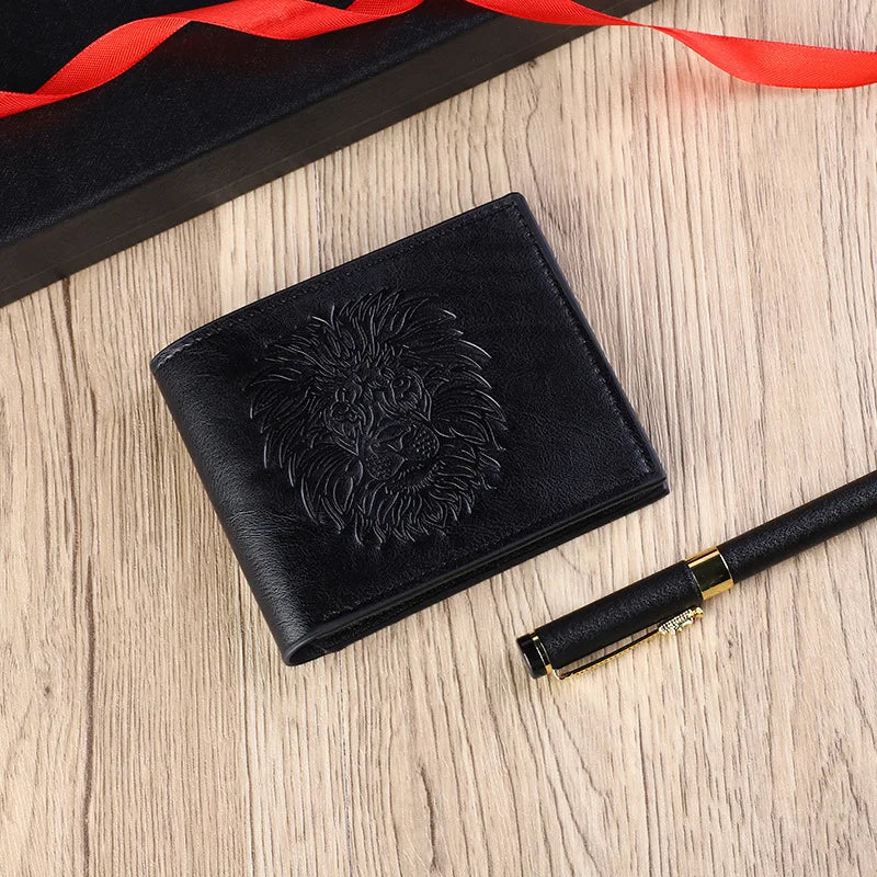 ISKYBOB Men's 3D Lion Embossed Wallet Fashion Business Three-Fold Multi-Card Credit Card Holder Short Coin Purses Xmas Gift
