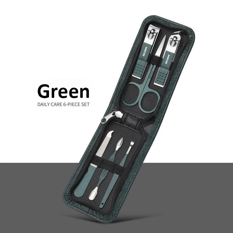 Green 6 Pcs Portable Luxury Manicure Sets Pedicure Kits Bright Black Nail Clipper Set Personal Care Tools Eyebrow Scissors