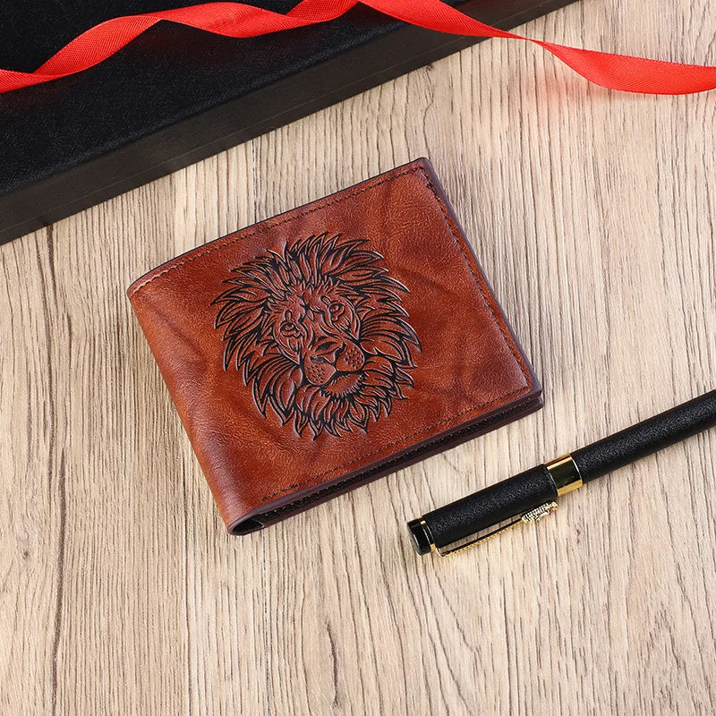 ISKYBOB Men's 3D Lion Embossed Wallet Fashion Business Three-Fold Multi-Card Credit Card Holder Short Coin Purses Xmas Gift