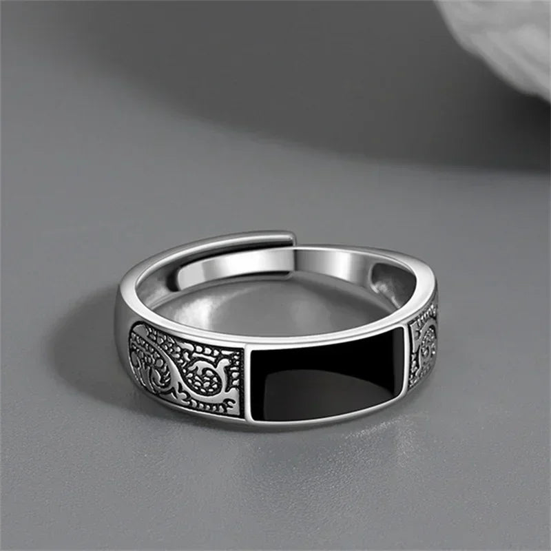 Trendy Vintage 925 Silver Ring for Men Jewelry Black Rectangle Retro Dragon Pattern Ring Male Rings Adjustable