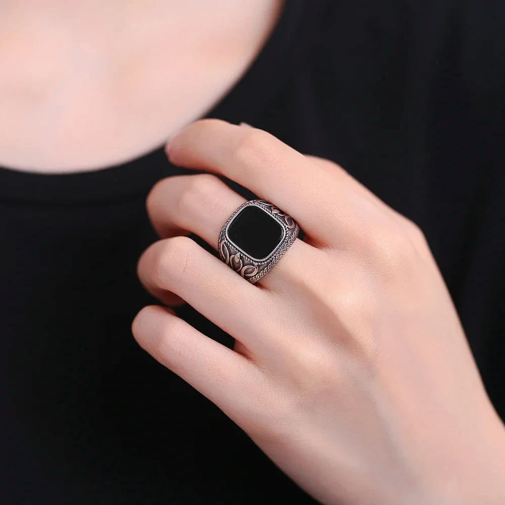 925 Sterling Silver Jewelry Ring Natural 11*13mm Black Agate Vintage Ring For Man Women Party Gifts