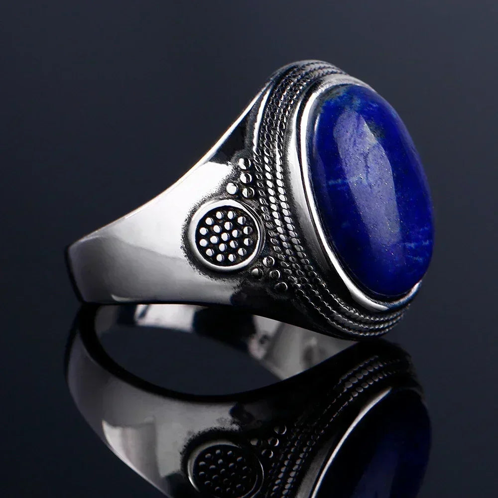 925 Sterling Silver Ring Oval Natural Lapis Vintage Rings for Men Women Anniversary Jewelry Gift