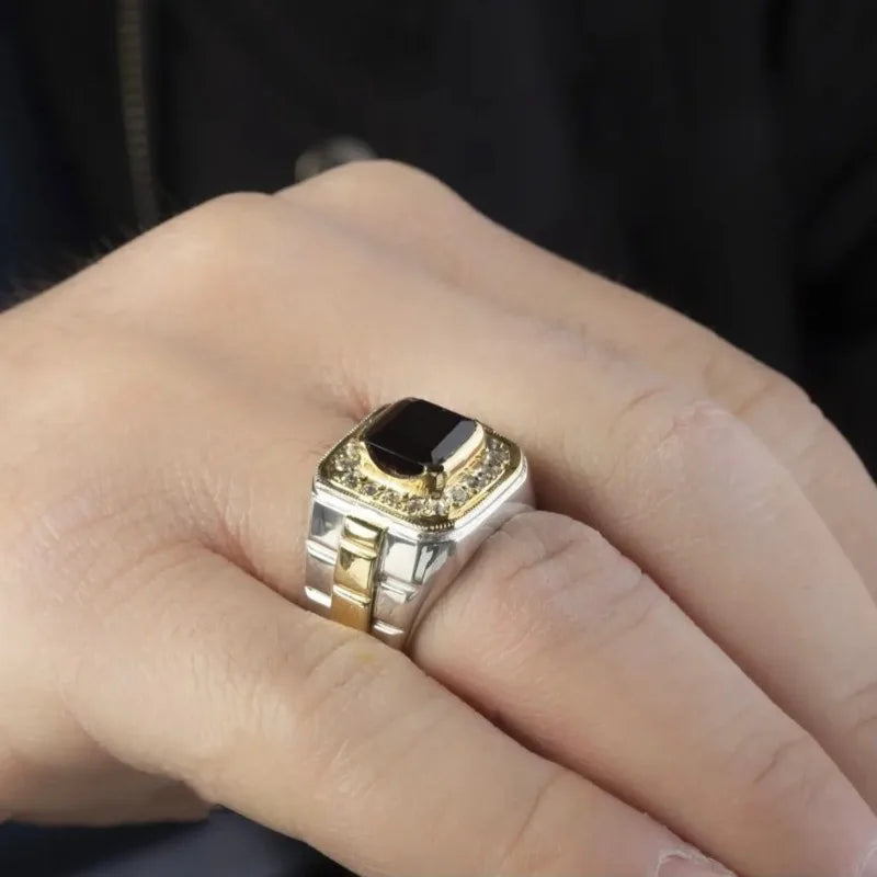 Classical Fashion Gold Silver Color Men Rings Square Round Women Black White Stone Rings Jewelry Party Gift