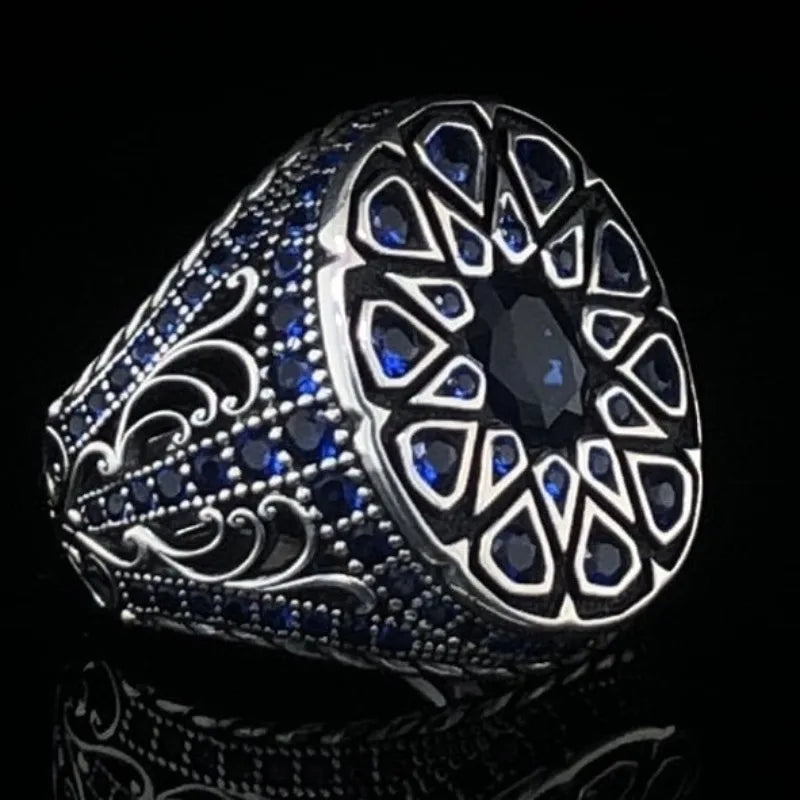 Delicate Inlaid with Blue Stone Silver Color Round Ring Fashion Party Men Rings Jewelry