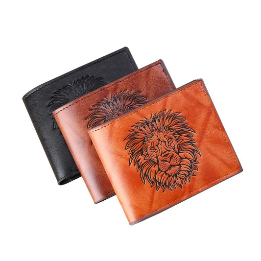 ISKYBOB Men's 3D Lion Embossed Wallet Fashion Business Three-Fold Multi-Card Credit Card Holder Short Coin Purses Xmas Gift
