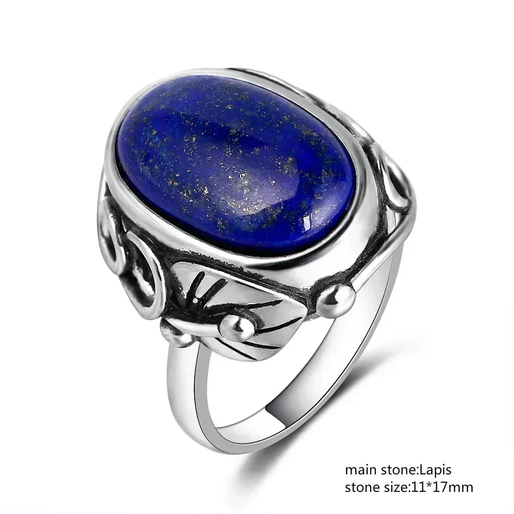 925 Sterling Silver Ring Oval Natural Lapis Vintage Rings for Men Women Anniversary Jewelry Gift