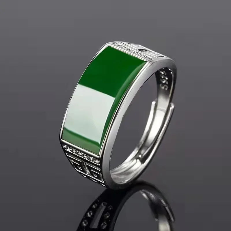 New Real Green Natural Hetian Jade Ring 925 Sterling Silver Ring Couple Rings Men Women Jewelry Lucky Stone Jade Finger Ring