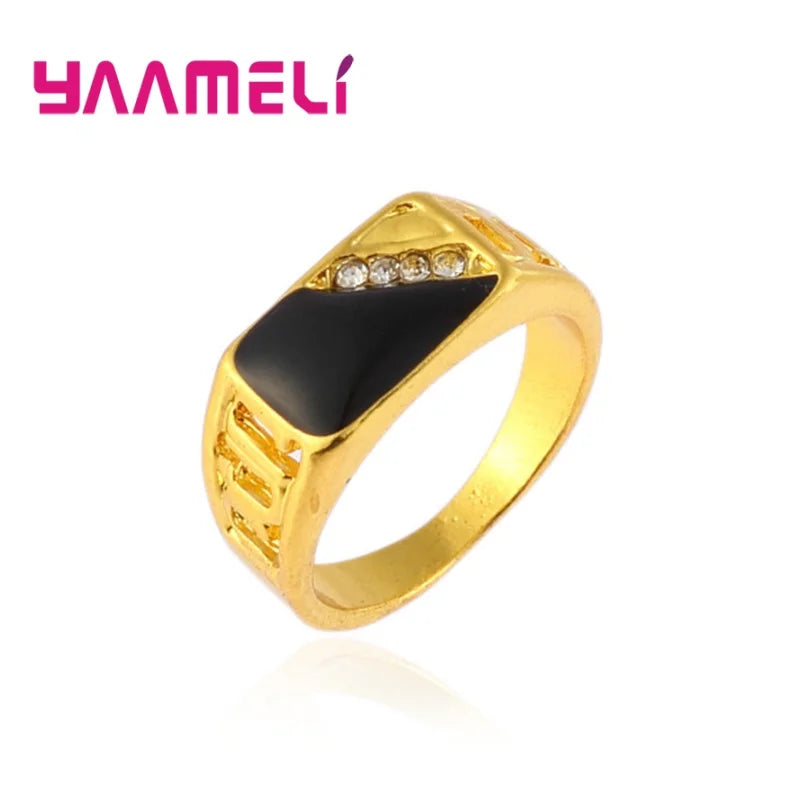 Classic Male Mens Wide Band Ring Unique 925 Sterling Silver Plated White Black Rhinestone Square Statement Hip Hop Jewelry