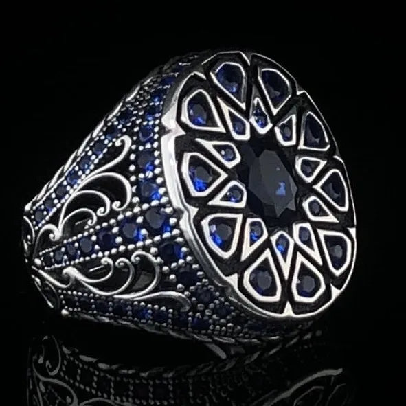 Delicate Inlaid with Blue Stone Silver Color Round Ring Fashion Party Men Rings Jewelry