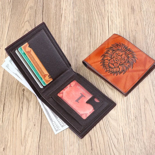 ISKYBOB Men's 3D Lion Embossed Wallet Fashion Business Three-Fold Multi-Card Credit Card Holder Short Coin Purses Xmas Gift