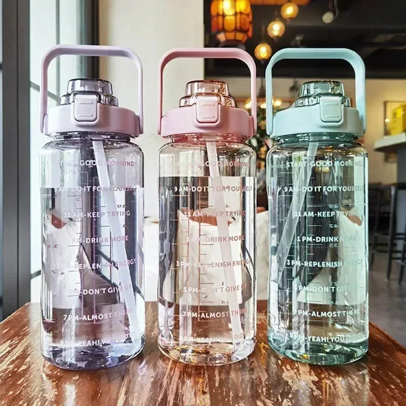 2L Portable Water Bottle with Straw & Time Marker, Large Capacity Plastic Drink Bottle for Outdoor Sports & Fitness