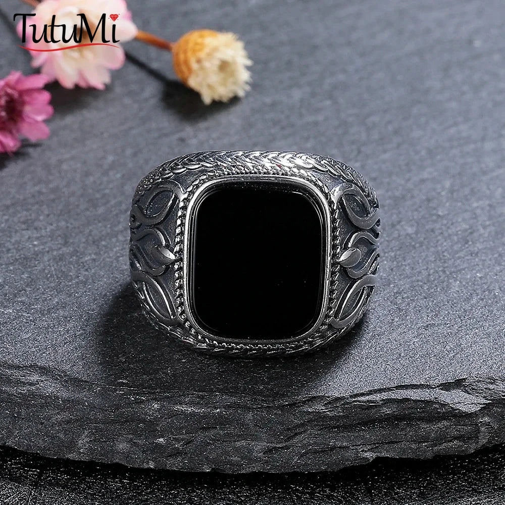 925 Sterling Silver Jewelry Ring Natural 11*13mm Black Agate Vintage Ring For Man Women Party Gifts
