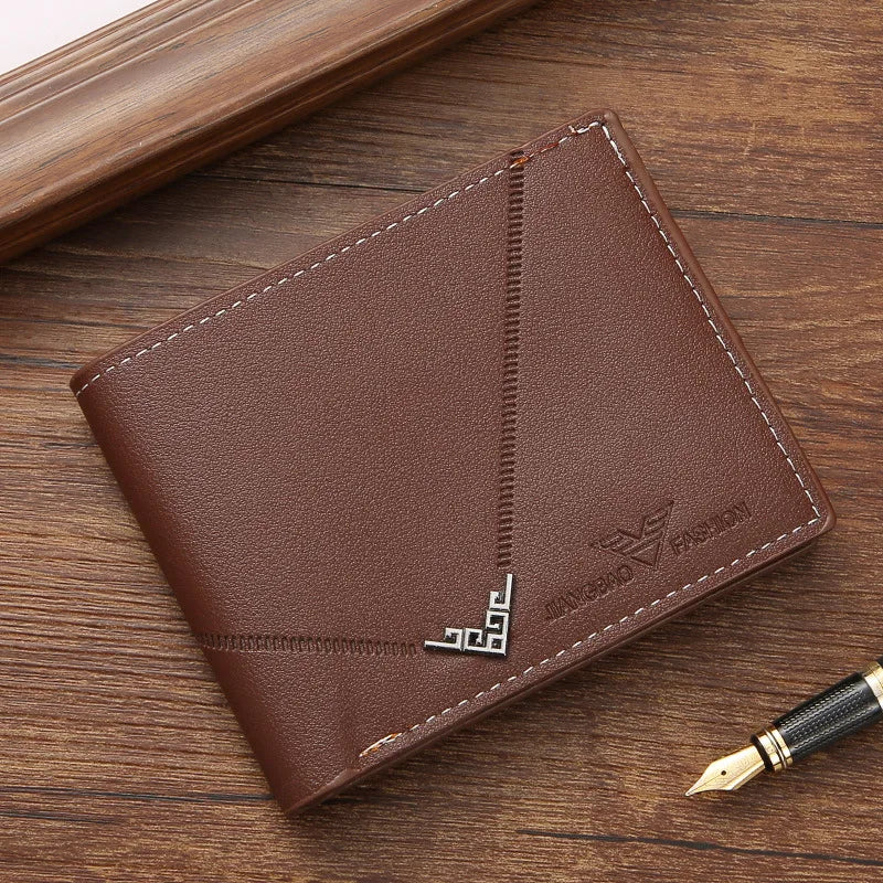 Lychee Texture PU Leather Men's Wallet Short Cash Purse Multi Card Slot Patchwork Card Holder Photo Holder Horizontal Money Clip