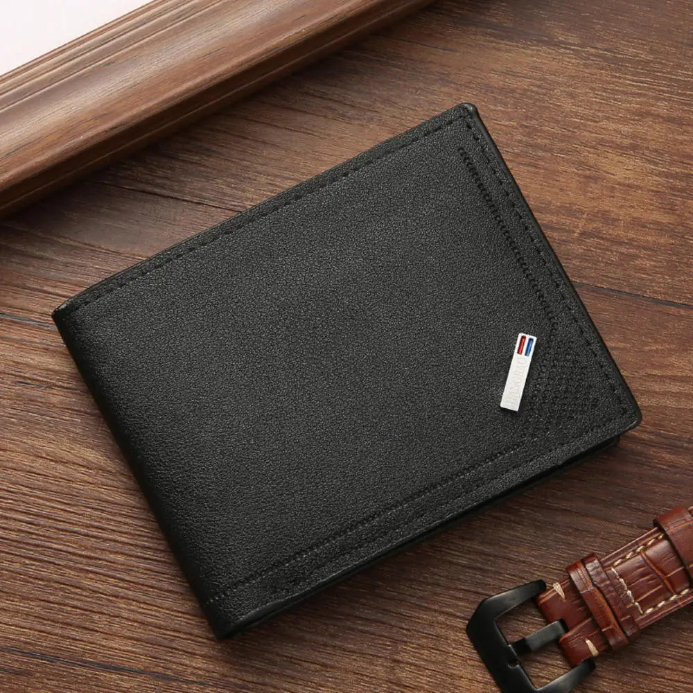 Lychee Texture PU Leather Men's Wallet Short Cash Purse Multi Card Slot Patchwork Card Holder Photo Holder Horizontal Money Clip