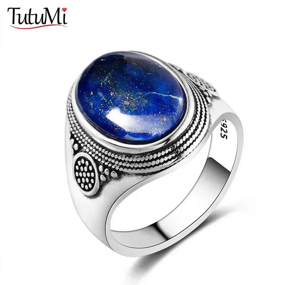 925 Sterling Silver Ring Oval Natural Lapis Vintage Rings for Men Women Anniversary Jewelry Gift