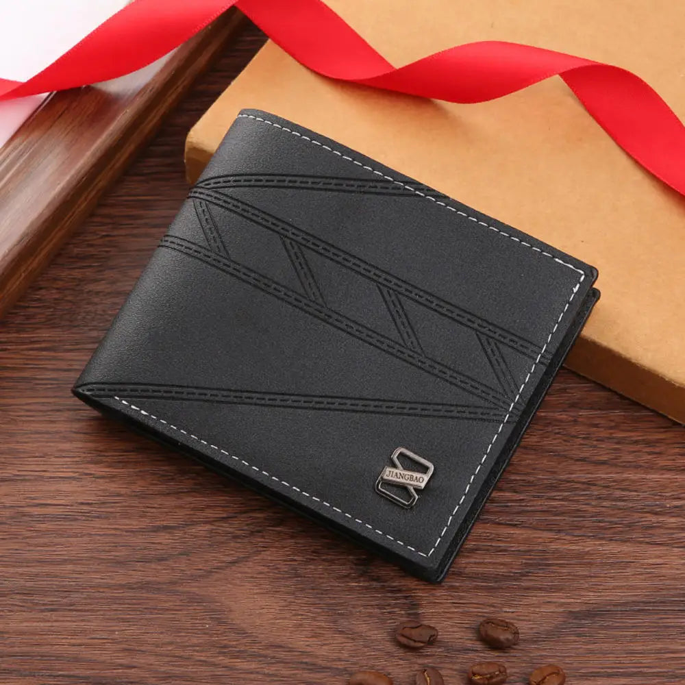 Lychee Texture PU Leather Men's Wallet Short Cash Purse Multi Card Slot Patchwork Card Holder Photo Holder Horizontal Money Clip