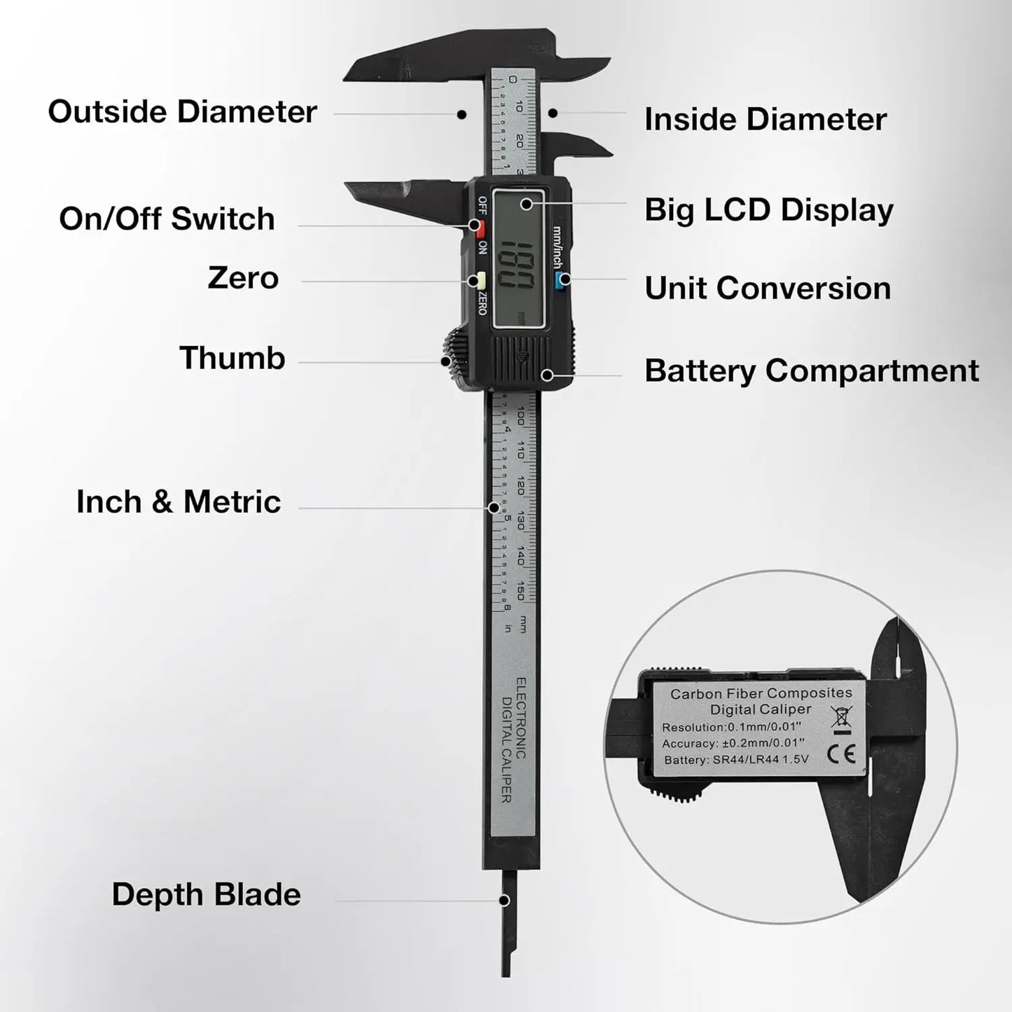 Electronic Digital Calipers Measuring Tool LCD Screen Conversion in Inches and Millimeters used for Jewelry Measurement and DIY