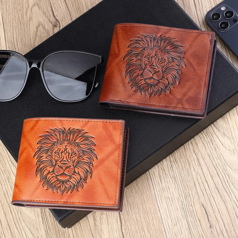 ISKYBOB Men's 3D Lion Embossed Wallet Fashion Business Three-Fold Multi-Card Credit Card Holder Short Coin Purses Xmas Gift