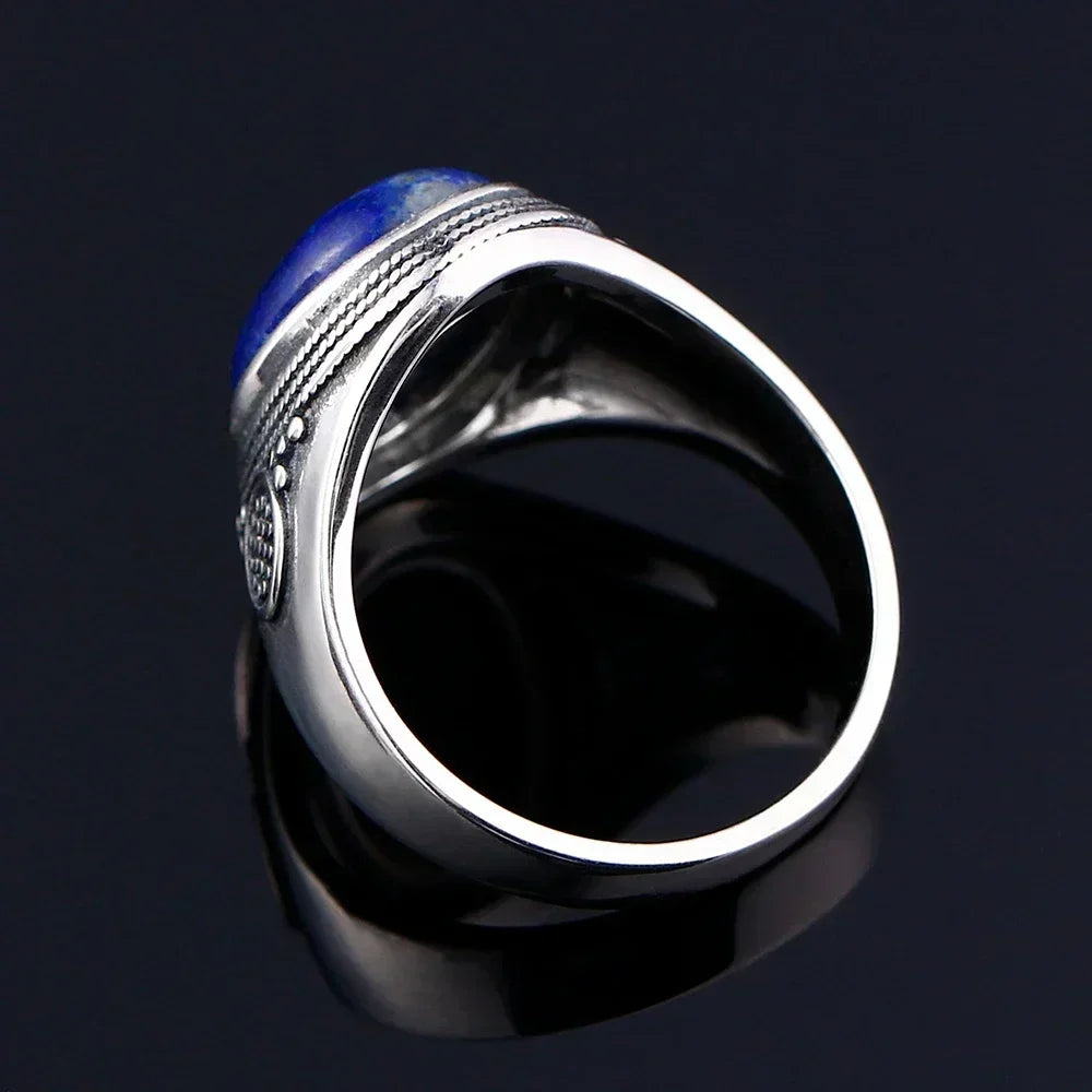 925 Sterling Silver Ring Oval Natural Lapis Vintage Rings for Men Women Anniversary Jewelry Gift
