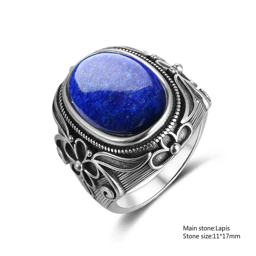 925 Sterling Silver Ring Oval Natural Lapis Vintage Rings for Men Women Anniversary Jewelry Gift