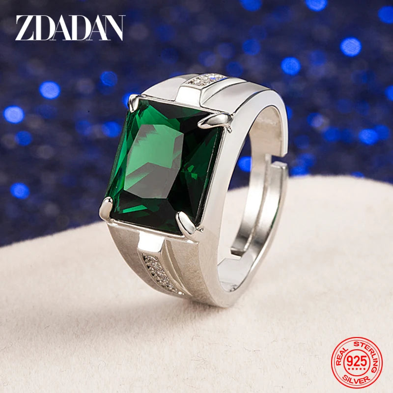 ZDADAN 925 Sterling Silver Emerald Finger Rings For Men Women Fashion Wedding Jewelry