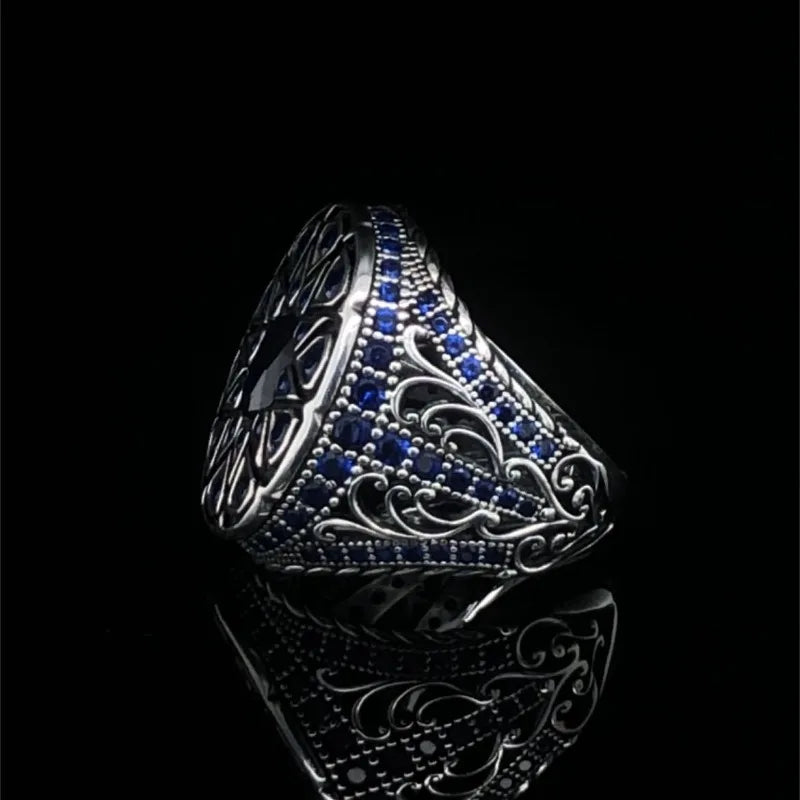 Delicate Inlaid with Blue Stone Silver Color Round Ring Fashion Party Men Rings Jewelry