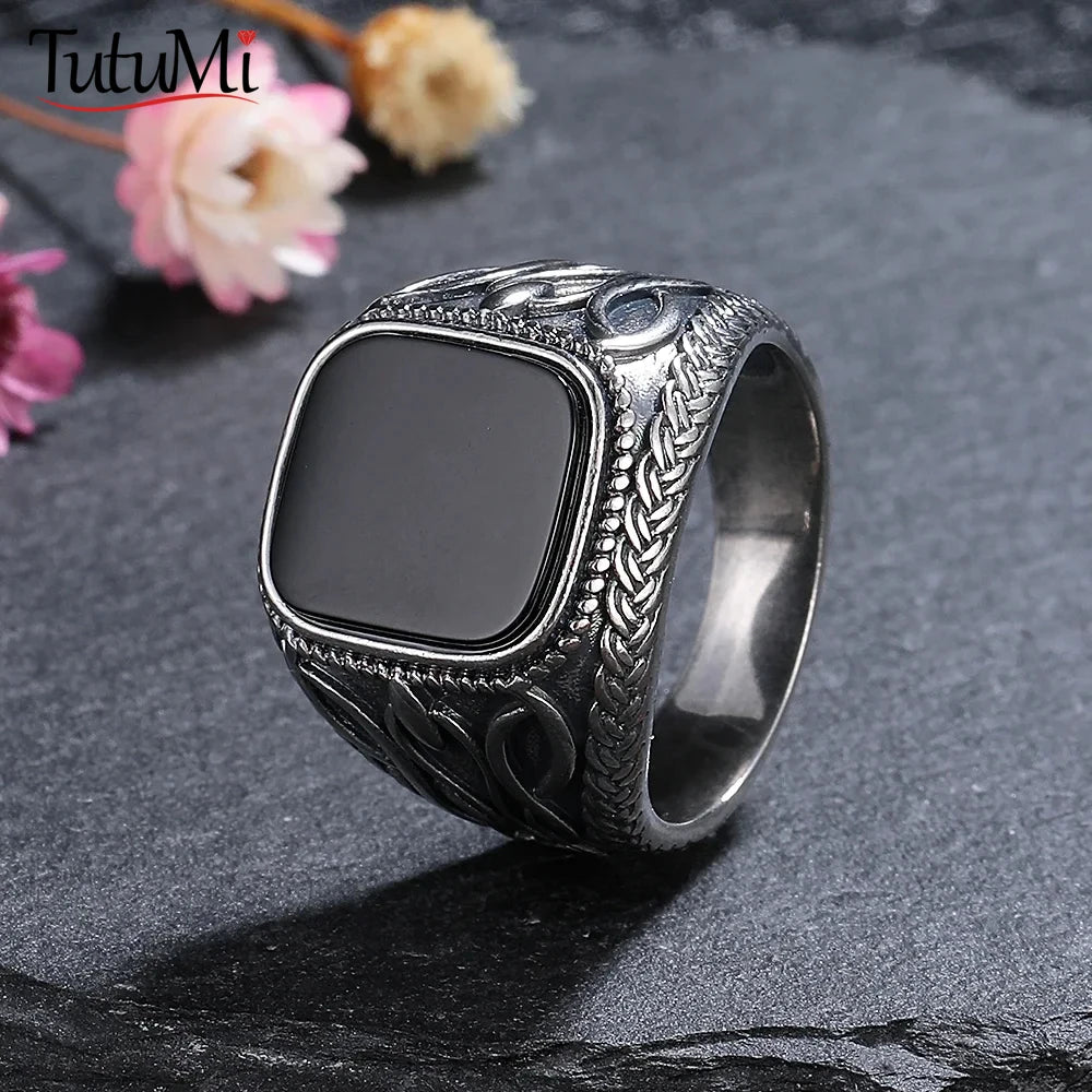 925 Sterling Silver Jewelry Ring Natural 11*13mm Black Agate Vintage Ring For Man Women Party Gifts