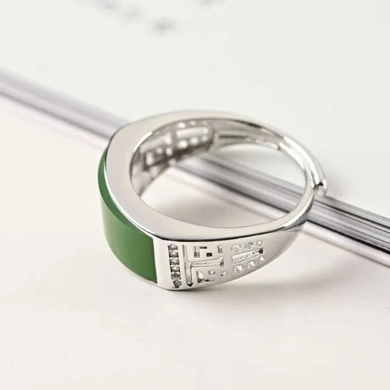 New Real Green Natural Hetian Jade Ring 925 Sterling Silver Ring Couple Rings Men Women Jewelry Lucky Stone Jade Finger Ring