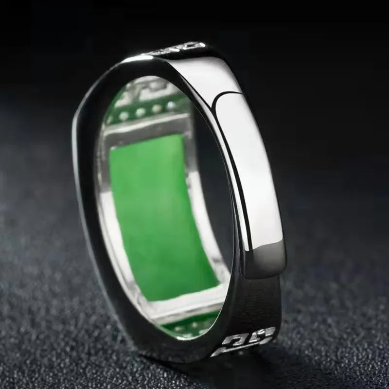 New Real Green Natural Hetian Jade Ring 925 Sterling Silver Ring Couple Rings Men Women Jewelry Lucky Stone Jade Finger Ring