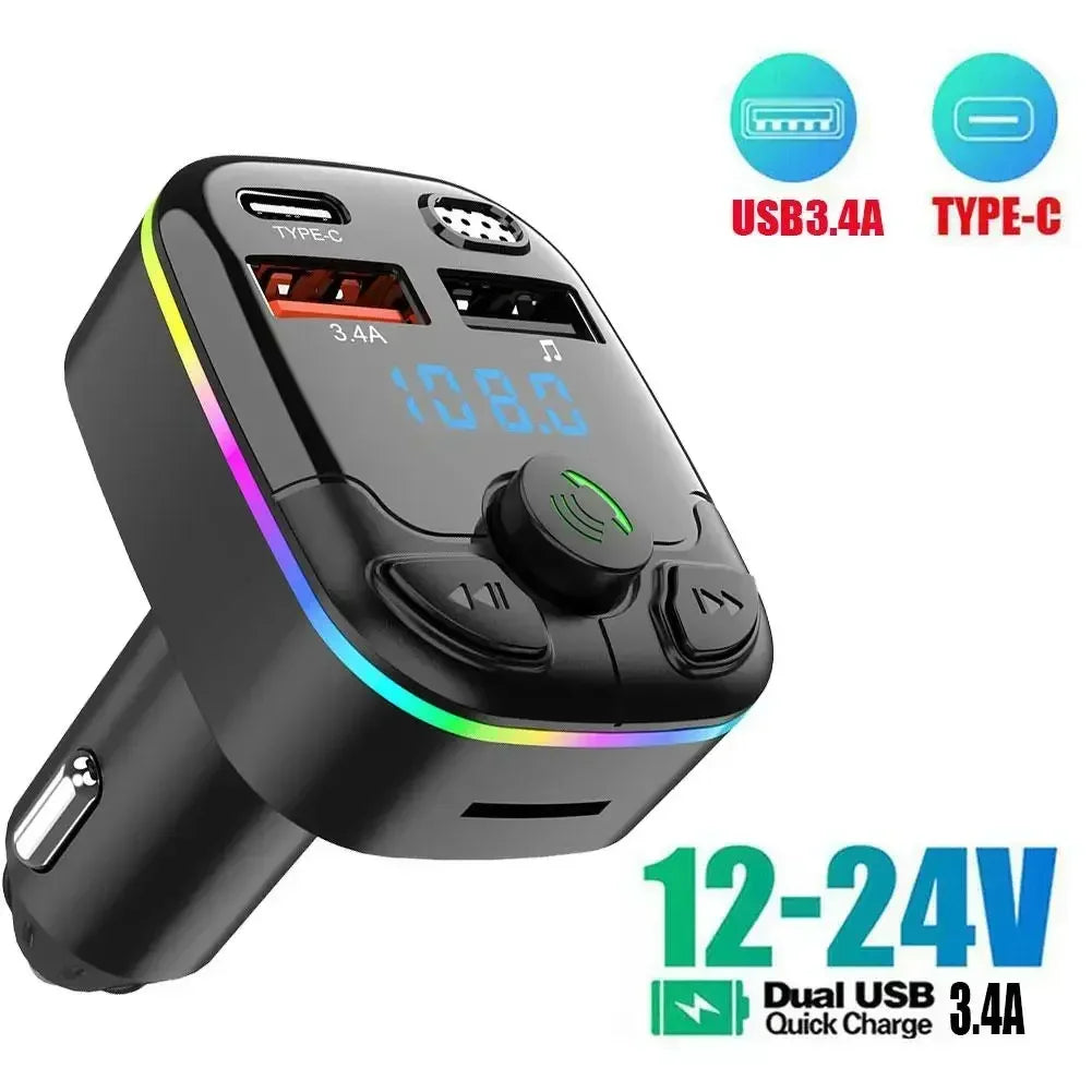 Car FM Transmitter PD Type-C Dual USB Ambient Player MP3 Bluetooth 5.0  Fast Charger Type-C Wireless Light Handsfree PD