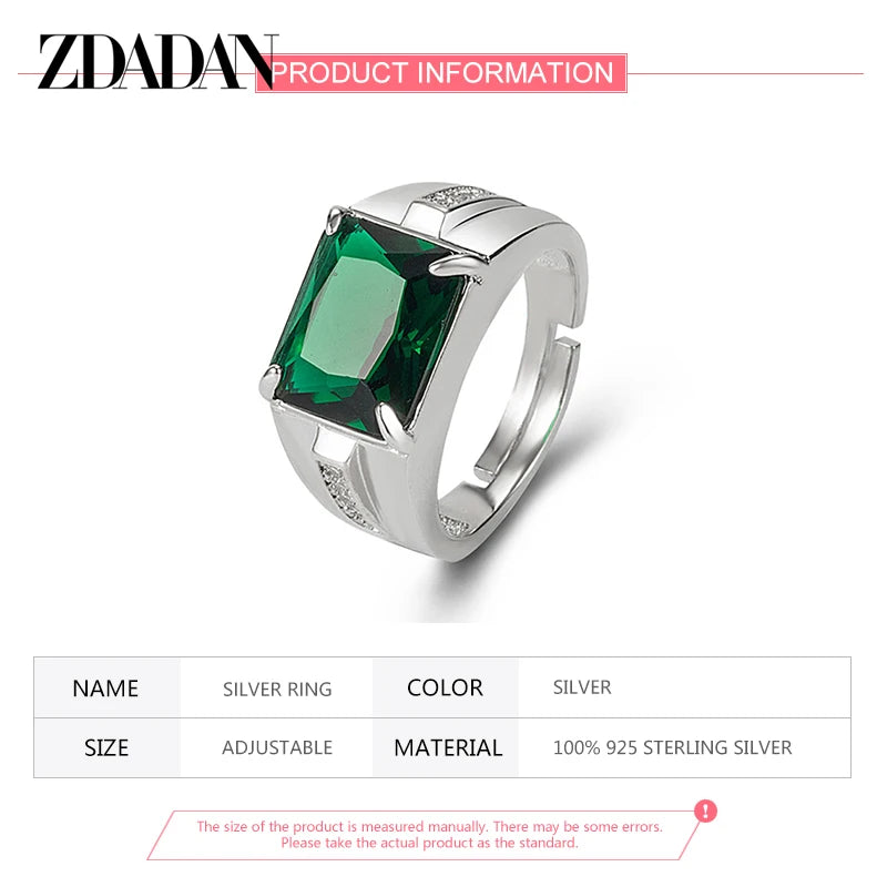ZDADAN 925 Sterling Silver Emerald Finger Rings For Men Women Fashion Wedding Jewelry